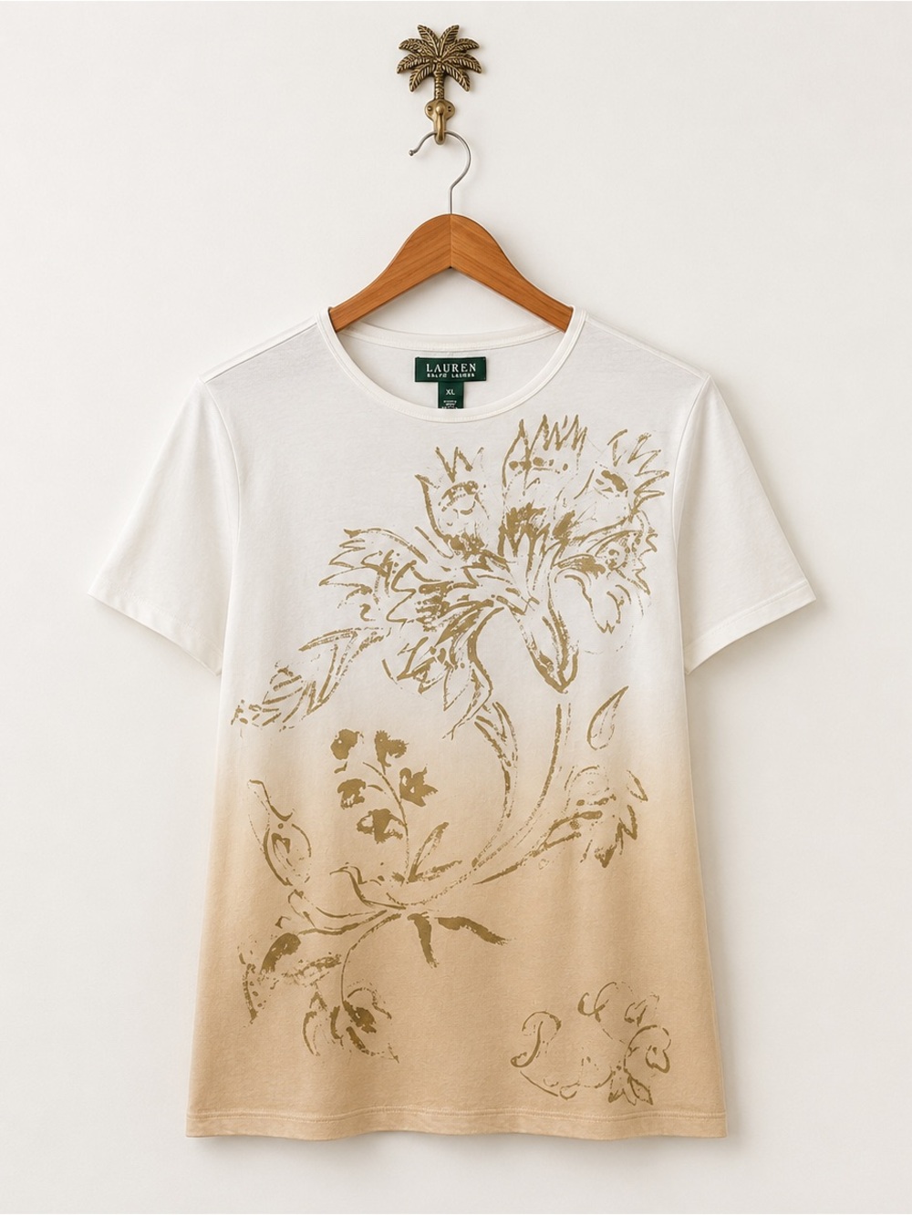 Lauren Ralph Lauren cream gold ombré effect Floral scoop neck Women's Top Tee XL
